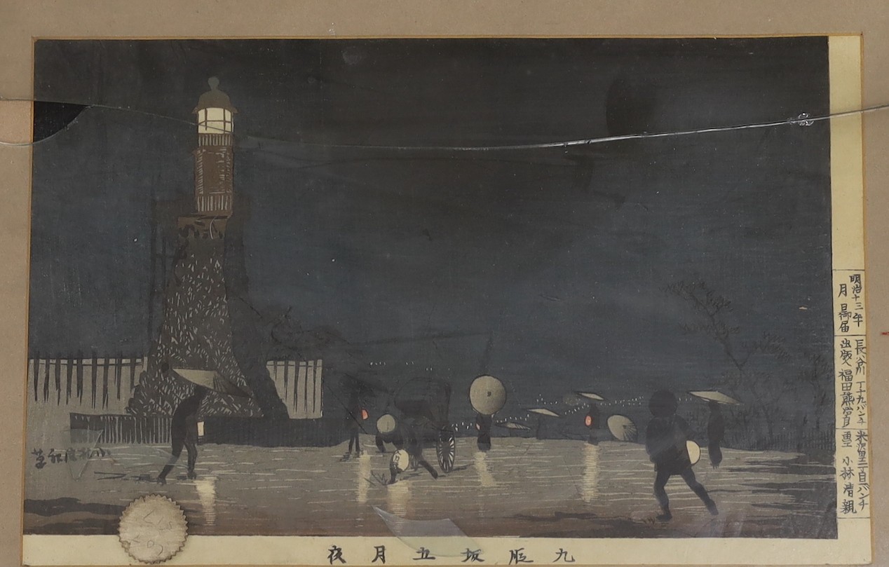 Kobayashi Kiyochika (1847-1915), five woodblock prints, Fireworks at Ikenohata, and other images, 21 x 31.5cm